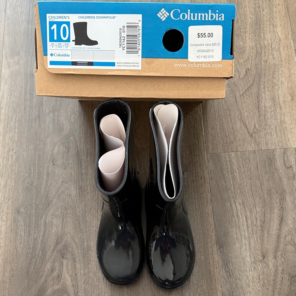 Columbia Kids Toddlers size 10 Glossy Black Rain Boots new in box